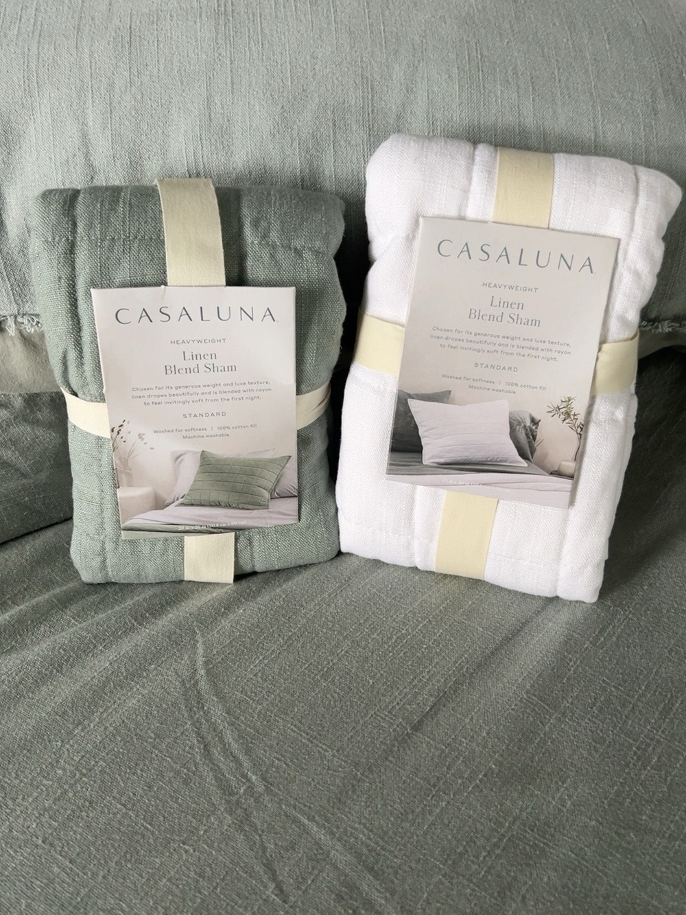 Casaluna Linen Blend Standard Shams, Set of 2, Green & White NWT